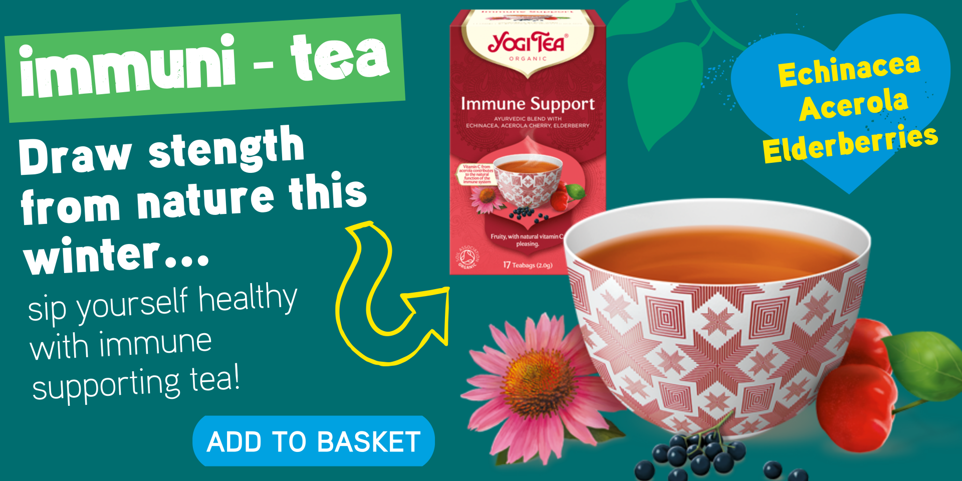 Yogi Tea immunity supporting tea with Echinacea, Acerola and Elderberries.